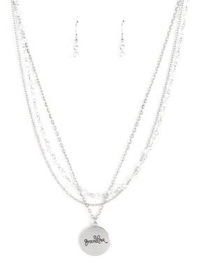 Paparazzi "Grandma" White and Silver Necklace and Earrings Set (NS279)